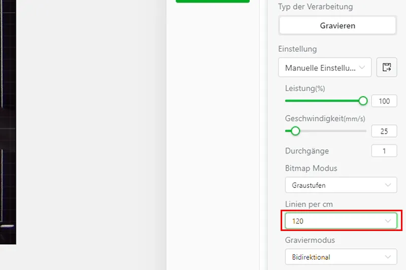 Legen Sie unter "Linien per cm" die Auflösung ihrer Gravur fest.