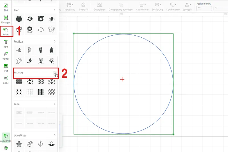 Wählen Sie links unter "Form" und "Muster" ein Motiv Ihrer Wahl