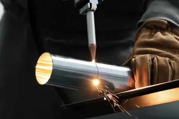 Ein Metallrohr wird mit einem Laser zugeschnitten.