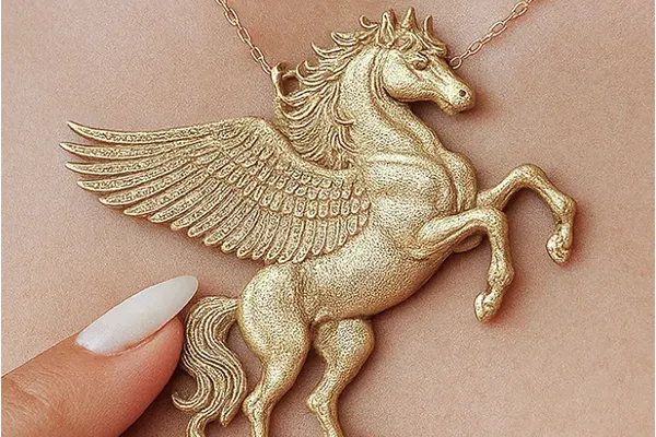 Ein 3D geprägtes goldenes Pferd als Anhänger für eine Kette,