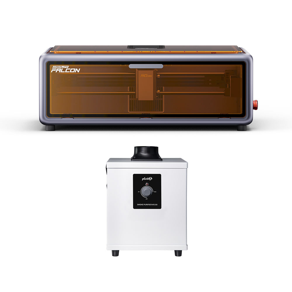 Creality Falcon A1 in silber, mit plottix AF150 Abluftfilter - Produktbild
