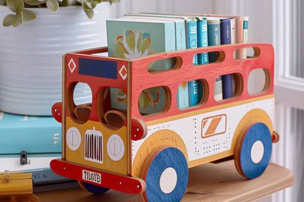 Zu sehen ist ein gelasert und bemaltes Bücherregal in Form eines Busses mit Büchern drin.