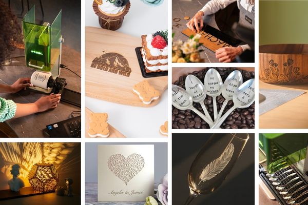 Zu sehen ist eine Bildercollage mit vielen gravierten Beispielen unteranderem aus Holz, Glas, Papier, und Metall.