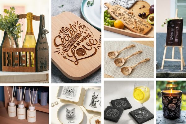 Zu sehen ist eine Bildercollage mit vielen gravierten Beispielen unteranderem aus Holz, Schiefer, Keramik und Acryl.