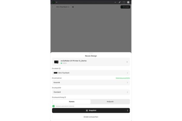 Allgemeine Einstellung zu Druckbett, Material, Qualität und Ausrichtung werden in der eufyMake Studio Software vorgenommen.