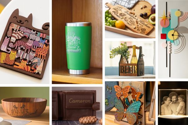 Collage aus vielen verschiedenen gelaserten Materialien wie Holzschalen, Lederportemonnaie, Metallbecher und viele mehr