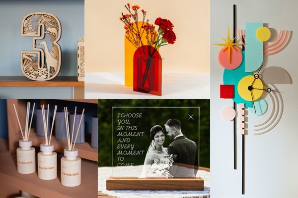 Collage aus Dekorationsartikel, die mit einem xTool Laser geschnitten oder graviert wurden.