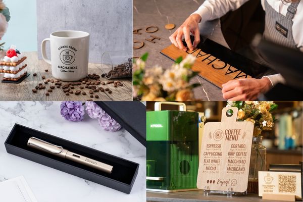 Mit xTool Laser gelaserte Werbeartikel und Beschilderungen.