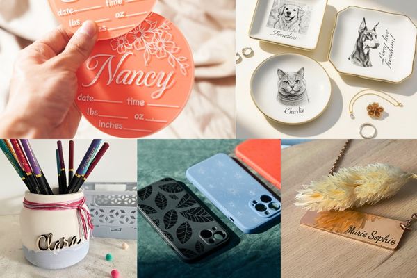 Zu sehen ist eine Collage aus gelaserten Produkten mit Personalisierung drauf. 