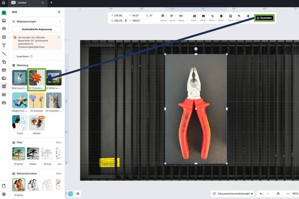 Bearbeitungsschritte um das Werkzeugfoto in xTool Studio frei zu stellen